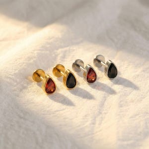 16G Titanium Teardrop Garnet CZ Labret • Flat Back Stud • Cartilage, Helix & Tragus Earring • Hypoallergenic Piercing Jewelry