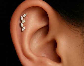 16G Titanium Leaf Ear Climber, 5 Marquise CZ Flat Back Labret, Cartilage Helix Crawler Stud, Hypoallergenic Piercing Jewelry
