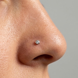May include: A close-up of a nose with a small, round, silver nose stud. The stud features a clear, sparkling gemstone set in a bezel setting. The skin around the nose is smooth and has a neutral tone.