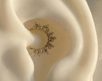 16G Titanium Sunburst Septum Clicker, Radiant CZ Daith Hoop, Hinged Segment Ring, Hypoallergenic Cartilage Piercing