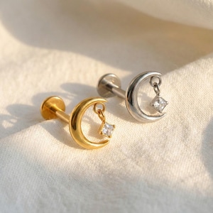 16G Titanium Moon Dangle Stud, CZ Crescent Flat Back Earring, Sparkly Helix Tragus Conch Piercing, Tiny Celestial Drop Jewelry