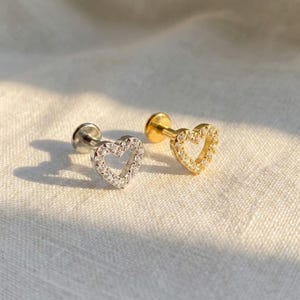 18G/16G Titanium Open Heart Cz Threadless Push Pin Labret, Heart Flat Back Earring, Cartilage Stud, Tragus, Helix, Conch, Nose Stud