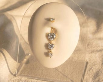 14G Titanium Belly Button Ring, Triple Heart CZ Dangle Navel Piercing, Curved Barbell Body Jewelry, Romantic Implant Grade Belly Ring
