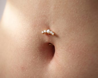 14G Titanium Floating Belly Ring, Threadless 5-CZ Navel Piercing, Flat Bottom Curved Barbell, Implant Grade Body Jewelry ASTM F136