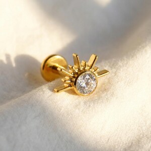 16G Titanium Half Starburst Stud, CZ Sunburst Fan Flat Back Earring, Rising Sun Helix Tragus Conch Piercing, Celestial Jewelry