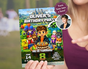 Faire-part d'anniversaire Minecraft personnalisé, carte d'anniversaire d'invitation de fête d'enfants gamer
