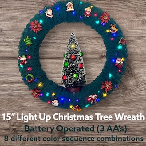 15” Multi Color Light Up Christmas Tree Wreath (battery operated - 8 lighting sequences)