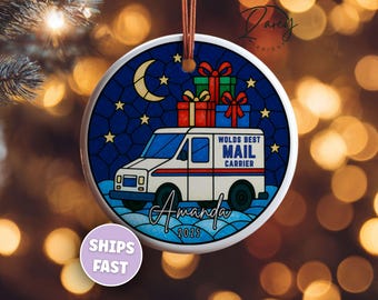 Adorno de cartero personalizado, regalo de Navidad personalizado para cartero, recuerdo de Navidad para repartidor, adorno de camión de correos