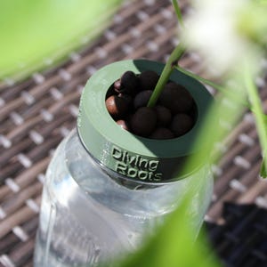 May include: A clear glass jar with a green lid labeled "Diving Roots" holds water and a plant stem. The lid has a circular opening filled with brown pebbles. The jar sits on a woven surface.