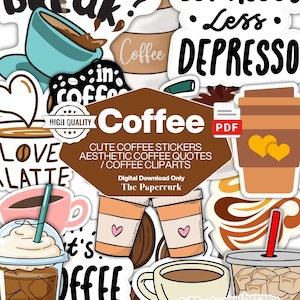 Coffee Stickers PDF | Cute Aesthetic Coffee Stickers | Kawaii Cafe Stickers | Retro Coffee Stickers | Coffee Quotes Stickers | Coffee Lover