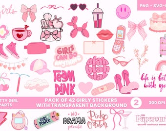 Pack of 42 Clipart Bundle 02, Pink Girl Clipart, Cute Girl Elements Png, Girly Stickers, Fashion Girl Stickers, Feminine Digital Download