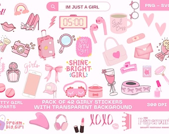 Pack of 42 Clipart Bundle 01, Pink Girl Clipart, Cute Girl Elements Png, Girly Stickers, Fashion Girl Stickers, Feminine Digital Download