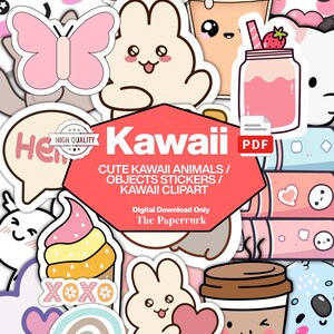 Puede incluir: Una colección de pegatinas con temática Kawaii que presentan animales, comida y objetos adorables. Las pegatinas incluyen una mariposa rosa, un conejito sonriente, un té de burbujas y una bebida de fresa. La imagen también incluye el texto "Kawaii" y "Cute Kawaii Animals / Objects Stickers / Kawaii Clipart."