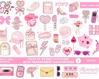 May include: A collection of 42 pink girly clipart stickers with transparent backgrounds. The illustrations include a high-heeled shoe, a cassette tape, a heart-shaped lollipop, a baseball cap, a cake, and the text "ADORABLE".