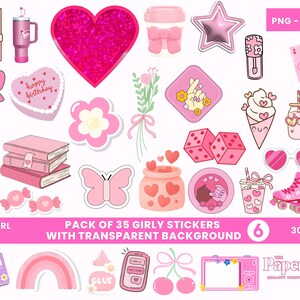 Può includere: Una collezione di adesivi rosa girly, tra cui un cuore, un fiocco, una fragola, un fiore, libri, una farfalla, dadi, gelato, occhiali da sole, pattini a rotelle e altro ancora. È presente anche il testo "PRETTY GIRL CLIPARTS" e "PACK OF 35 GIRLY STICKERS WITH TRANSPARENT BACKGROUND".