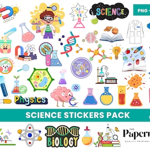 Może przedstawiać: Zestaw kolorowych naklejek o tematyce naukowej. Naklejki zawierają ilustracje kolb, atomów, mózgu oraz słowa "Science", "Physics" i "Biology". Zestaw zawiera ponad 40 naklejek i jest dostępny w formatach PNG i SVG.