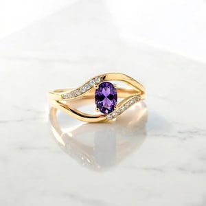 Amethyst Engagement Ring – Oval Cut CZ Split Shank Ring  Dainty Birthstone Jewelry for Her