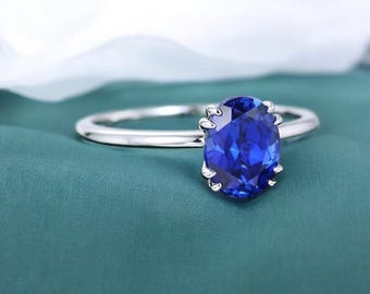 Oval Lab Blue Sapphire Ring – 8x10mm Solitaire 925 Sterling Silver Wedding & Engagement Ring