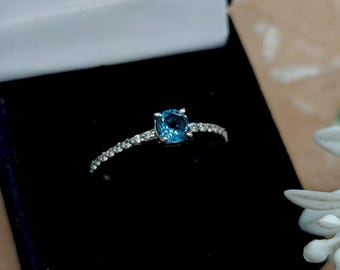 Blue Topaz Engagement Ring – Sterling Silver, Round Cut, December Birthstone Jewelry
