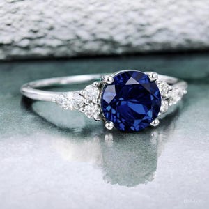 Art-deco blauwe saffier verlovingsring – 925 zilveren saffierring voor dames gemaakt in het laboratorium