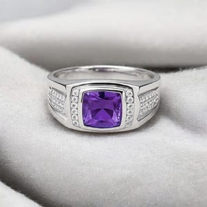 Men’s Amethyst Ring – Sterling Silver Rectangle Gemstone Signet Ring  Bezel Set Purple Stone Band February Birthstone Gift for Him