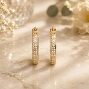 May include: A pair of gold hoop earrings featuring a vertical row of small, clear, round-cut stones set along the front-facing edge of each hoop. The earrings have a polished metallic finish and a hinged closure mechanism visible at the top.