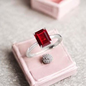 Könnte beinhalten: Ein silberner Ring mit einem großen, rechteckigen, tiefroten Edelstein. Der Ring liegt auf einer rosa Samtoberfläche, daneben ein kleiner, runder, silberfarbener Ring. Im Hintergrund befindet sich eine rosa Schmuckschatulle.