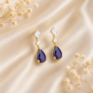Lab Blue Sapphire Pear Cut Drop Earrings – Elegant Bridal Wedding Jewelry Gift