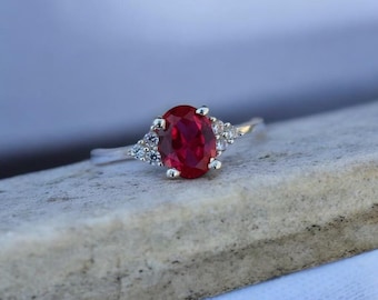 Oval Lab Ruby Ring – Sterling Silver with CZ Accents