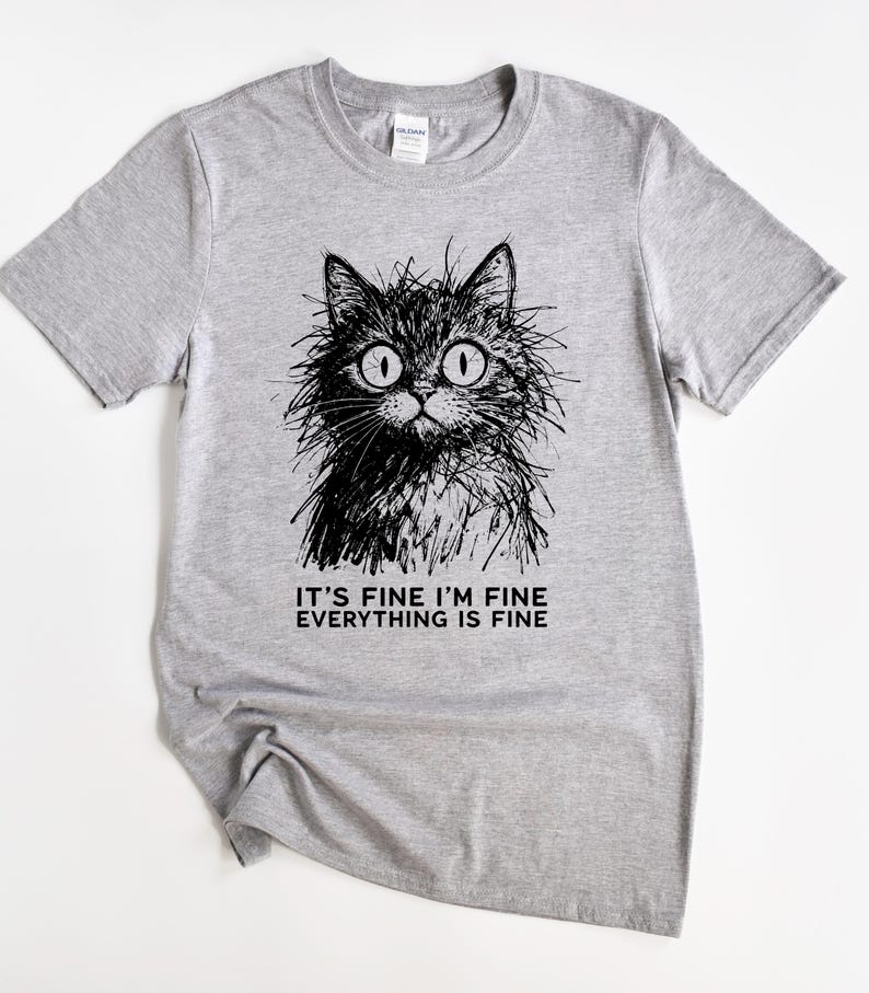 Camiseta de gato "Está bien, estoy bien, todo está bien", divertida, regalo para amantes de los gatos, sarcástica, humor introvertido imagen 5