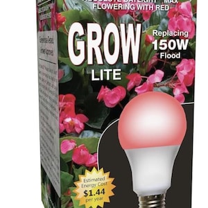 May include: A Miracle LED Grow Lite bulb with a red-tinted bulb. The packaging features the text "Miracle LED Grow Lite" and "Absolute Daylight, Max Flowering with Red." The estimated energy cost is $1.44 per year.