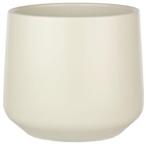 May include: A cream-colored ceramic planter with a rounded base and a slightly tapered top. The smooth, matte finish gives it a modern, minimalist aesthetic. This versatile planter is suitable for various plants and home decor styles.