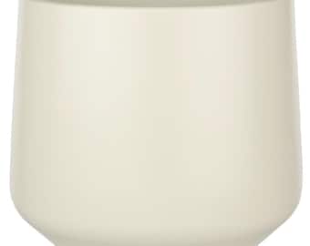 May include: A cream-colored ceramic planter with a rounded base and a slightly tapered top. The smooth, matte finish gives it a modern, minimalist aesthetic. This versatile planter is suitable for various plants and home decor styles.