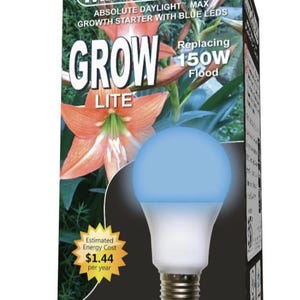May include: Miracle LED Grow Lite bulb with blue LEDs, designed as a growth starter. The packaging features a light bulb with a blue glow, and the text "GROW LITE" is prominently displayed. The box also includes the text "Based on NASA Color Spectrum Technology".