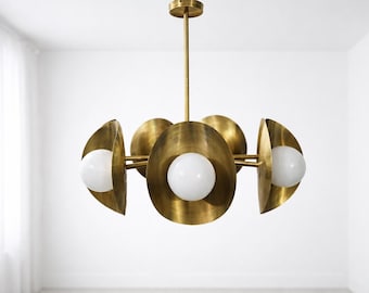 Raw Brass Sputnik Chandelier, Mid Century Modern Style, Six Globe Pendant Light