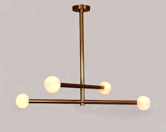 Mid-Century Modern Brass Chandelier: 3-Arm Ceiling Light, Pendant Light