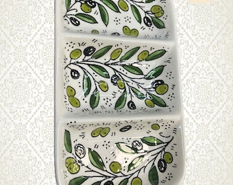 Hand-Painted Palestinian Ceramic Serving Dish: Olive Branch or Floral Khazaf Tray