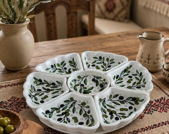 Hand Painted Ceramic Serving Dish | Divided Bowl for Nuts Sweets & Dried Fruits | Mediterranean Tableware | Handmade Pottery