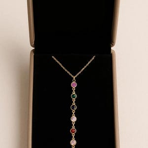 Gold-Plated Stainless Steel Y Necklace with Colorful Gemstone Drops – Long Lariat Layering Necklace, Gift for Her