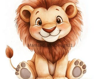 May include: A watercolor illustration of a cute, smiling lion cub. The lion has a brown mane, a pink nose, and big, friendly eyes. The text "MamasCraftyDesign31" is visible.