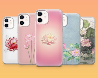 May include: A collection of five phone cases featuring floral designs. The cases showcase various watercolor lotus flower illustrations in shades of pink, red, and white, set against a gradient background. The cases are designed for a smartphone.
