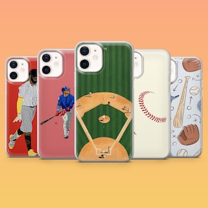 May include: A collection of five iPhone cases featuring baseball-themed designs. The cases showcase illustrations of baseball players, a baseball field, a baseball, a bat, and a glove. The cases have a clear border and a colorful background.