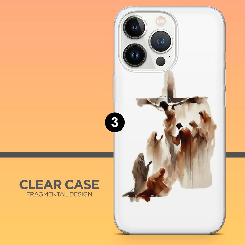 May include: Clear phone case with a watercolor illustration of Jesus on the cross, surrounded by figures in flowing robes. The case has a white background and the text "CLEAR CASE FRAGMENTAL DESIGN".