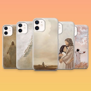 Könnte beinhalten: Eine Sammlung von fünf transparenten Handyhüllen mit religiösen Kunstwerken. Die Designs zeigen Bilder von Jesus, einem Hirten mit Schafen und sich umarmenden Figuren. Die Hüllen haben einen transparenten Rand und ein glänzendes Finish.