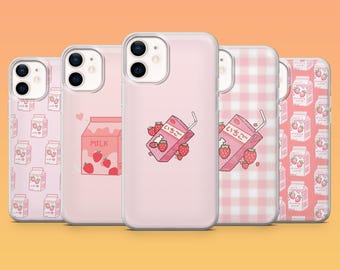Strawberry Milk Phone Case Milk Japancore for iPhone 17Pro, 16, 15, 14, 13, 12 Samsung S25, S24, S23Fe, S22, A16, A26, A56, Pixel 10, 9Pro