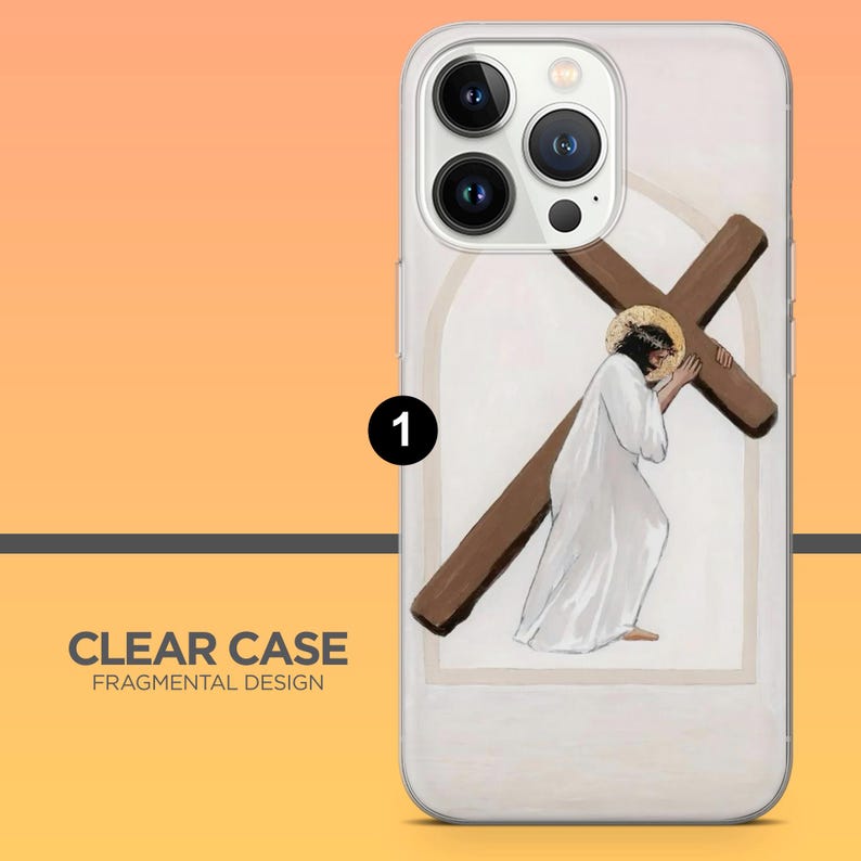 May include: Clear phone case with a religious illustration. The design features a figure in white robes carrying a large wooden cross. The case has the text "CLEAR CASE FRAGMENTAL DESIGN".
