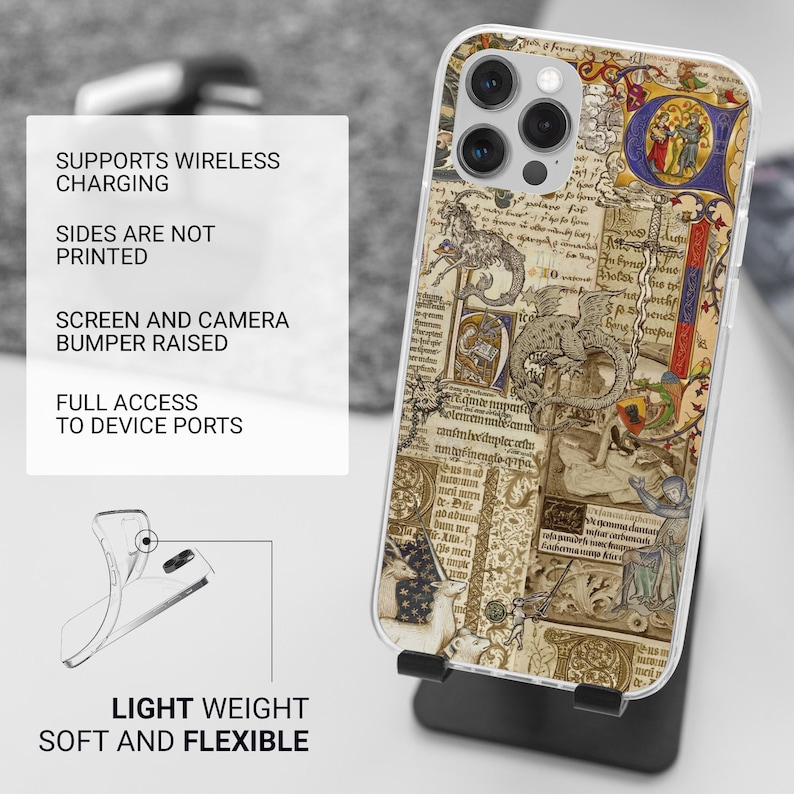 May include: A clear phone case with a medieval manuscript design. The case features illustrations of dragons, figures, and text in shades of beige, brown, and blue. The case is on a black stand. The text on the case reads: "SUPPORTS WIRELESS CHARGING".