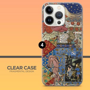 May include: Clear phone case with a fragmental design. The case features a collage of medieval art with figures, floral patterns, and a rabbit. The text "CLEAR CASE FRAGMENTAL DESIGN" is printed on the case.