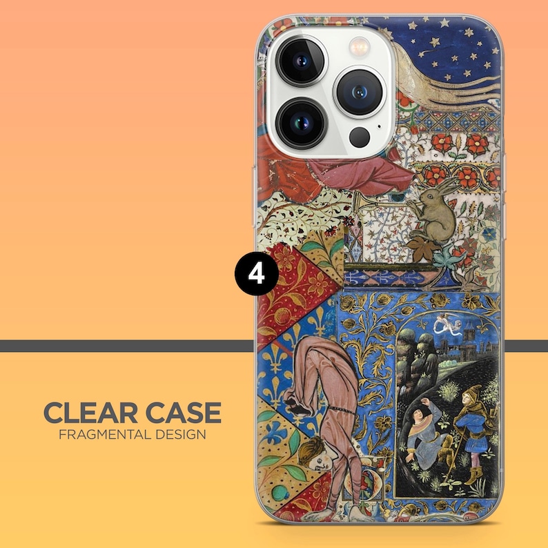 May include: Clear phone case with a fragmental design. The case features a collage of medieval art with figures, floral patterns, and a rabbit. The text "CLEAR CASE FRAGMENTAL DESIGN" is printed on the case.
