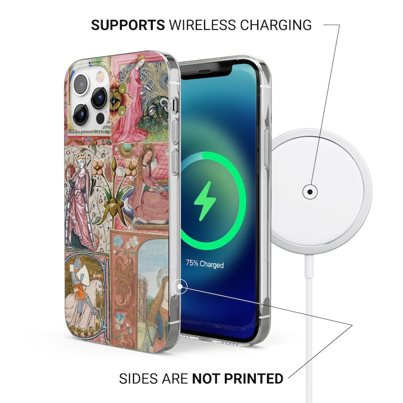 May include: Clear phone case with a medieval art design. The case is shown with a phone displaying a charging screen. The text "SUPPORTS WIRELESS CHARGING" and "SIDES ARE NOT PRINTED" are visible.
